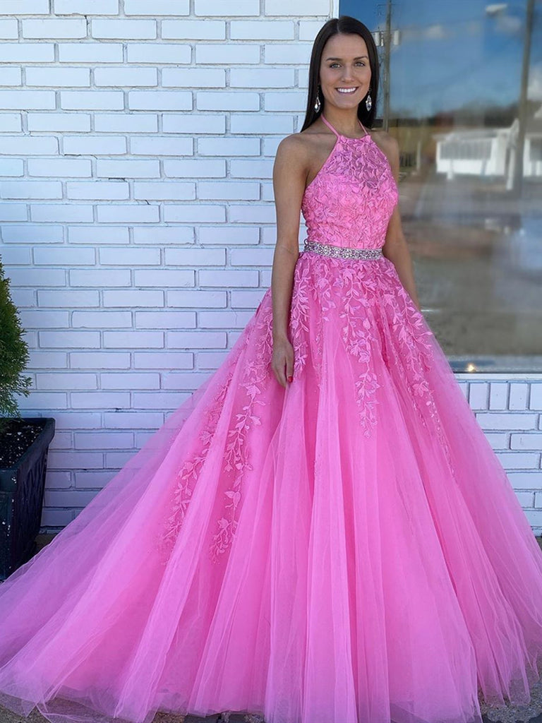 Halter Neck Pink Lace Prom Dresses with ...